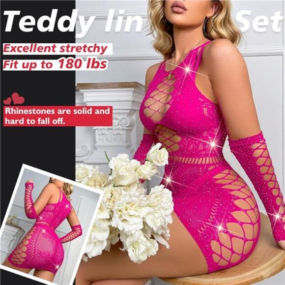 Naughty Rhinestone Sparkle Fishnet Lingerie Set Teddy - Picture 3 of 6